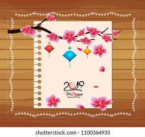 Sakura flowers background. Cherry blossom and lantern. Chinese new year (hieroglyph Pig)