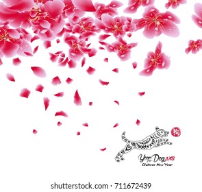 Sakura flowers background. Cherry blossom isolated white background. Chinese new year (hieroglyph: Dog)