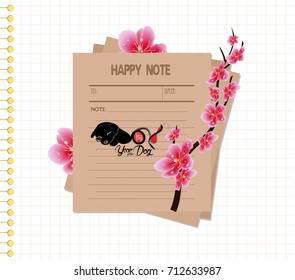 Sakura flowers background. Cherry blossom happy notes retro. Chinese new year (hieroglyph: Dog)