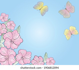 Sakura flowers and butterflies. Floral template for cards, invitation, banner, poster. Vector.
