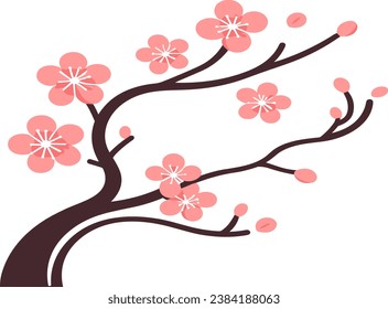 Sakura flowers, cherry or peach tree branch, flat vector illustration
