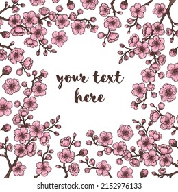 Sakura flowers hand drawn. Vector illustration. Sakura blossom frame. Floral background. Japanese spring.