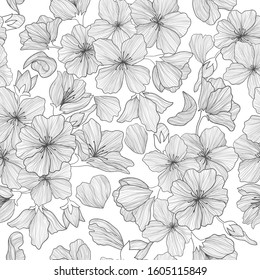 Sakura flowers line art vector seamless pattern on white background. Spring repeated background with japanese cherry flowers in outline. Romantic spring background. Best for textile, print or web.