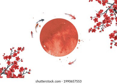 Flores de sakura, pequeños peces de carpa koi y un gran sol rojo, símbolo de Japón. Láminas de tinta japonesas tradicionales sumi-e