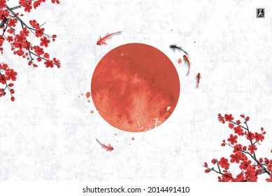 Sakura flowers, little koi carp fishes and big red sun, symbol of Japan on rice paper background. Traditional Japanese ink wash painting sumi-e. Translation of hieroglyph - beauty.