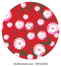 Sakura flowers Nature background with blossom branch of pink flowers. Cherry tree grey branches japanese round card banner design pastel colors on red burgundy background. Vector