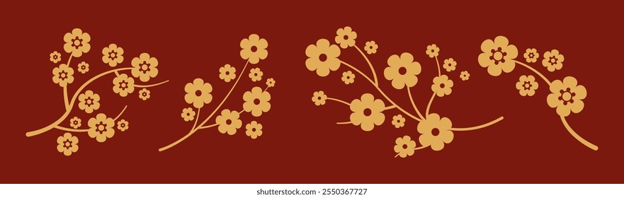 Flores de Sakura en ramas Adornos chinos colección de iconos de glifo. Cultura tradicional asiática objetos de motivos florales sobre fondo rojo