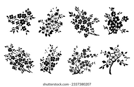 Sakura flowers on branches with leaves, Asian ornament for stencil. Black outline on a transparent background with isolated elements. Vector set.