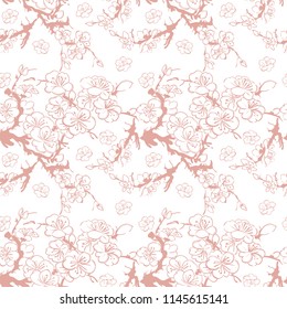 Sakura flowers pattern isolated on white background. Spring peach or cherry blossom flowers. Abstract Japanese or Chinese style tree branches can be used for wallpaper, textile, wrapping paper