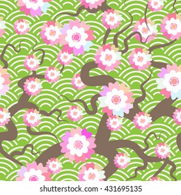 Sakura flowers seamless pattern Nature background with blossom branch of pink flowers.  Cherry tree brown branches japanese wave circle pattern pastel colors on green background. Vector