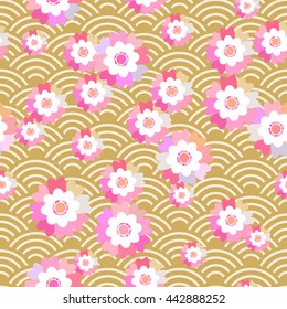 Sakura flowers seamless pattern Nature background with blossom pink flowers. brown japanese wave circle pattern pastel colors on mustard yellow background. Vector