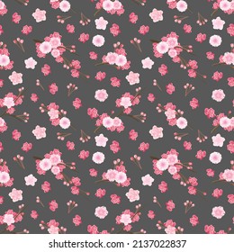 Flores sakura, patrón sin fisuras en fondo oscuro, ilustración vectorial.