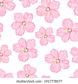 Sakura flowers seamless pattern. Pink blossoming cherry isolated on white background. Vector spring floral illustration. Cartoon flat style.