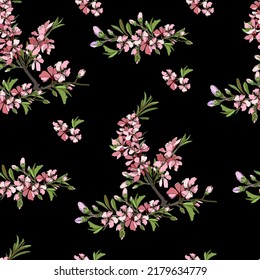 Sakura flowers seamless pattern of pink flowers on black background for fabric