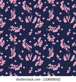 Sakura flowers seamless pattern. Vector endless dark blue background with Sakura blossom. Spring design with floral elements.