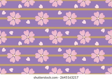 Sakura flores sem costura pattern.Cute flores de cereja, floral em rosa, roxo, listras de ouro. Abstrato superfície textura fundo.ilustração desenhada à mão.Natureza arte folclórica botânica para o verão, decoração de primavera