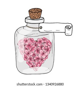 Sakura flowers in the shape of a heart in a vintage glass bottle with a label. Hand drawn illustration.