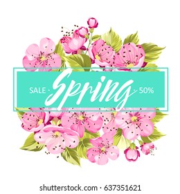 Sakura flowers. Spring background. Cherry blossom flowers with leaves. Tree branch. Vector illustration.