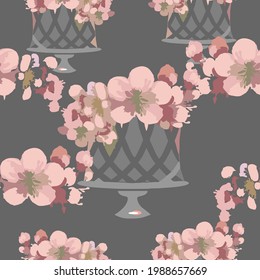 Sakura flowers in a vase on a dark gray background