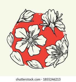 Sakura flowers vintage monochrome concept on red sun background isolated vector illustration