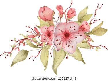 Sakura flowers watercolor vector illustration. Blossom petal bouquet