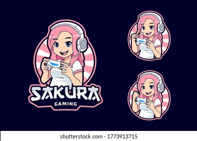 Sakura gaming logo mascot, cute cartoon character streamer girl set