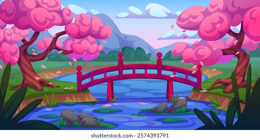 Sakura garden and wooden bridge on lake in mountain valley. Vector cartoon illustration of beautiful spring scenery with pink blossom on trees, green grass and bushes, stones in blue river water