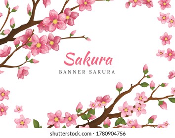 Sakura. Greeting card banner or invitation card with blossom sakura flowers. Blooming flowers illustration wedding invitation template