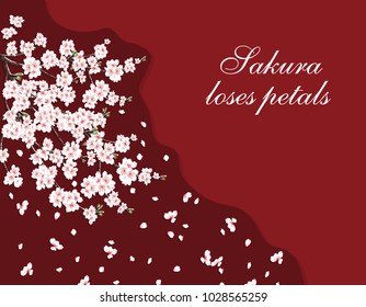 Sakura. Greeting card. A lush cherry branch with pink flowers. The inscription loses petals. Isolated on a dark background. Vector illustration