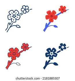 Icono Sakura establecido en estilo plano y de línea. Símbolo tradicional japonés de floración de cerezo. Ilustración vectorial.