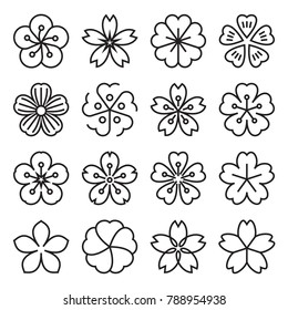 Sakura icons. Collection of 16 linear Japanese cherry blossom symbols isolated on a white background. Editable stroke. Vector illustration