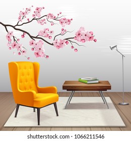 Sakura interior composition with cherry twig in the house next to armchair and coffee table vector illustration