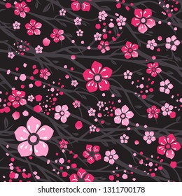 Sakura japan cherry branch with blooming flowers illustration.