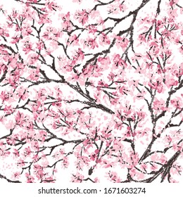 Sakura japan cherry branch with blooming flowers vector illustration. Hand drawn style. Seamless surface pattern.