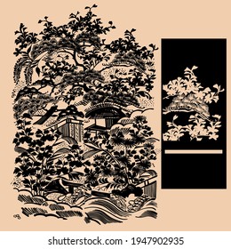 Sakura and japanese landscape. - Vector.