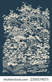 Sakura and japanese landscape. - Vector.