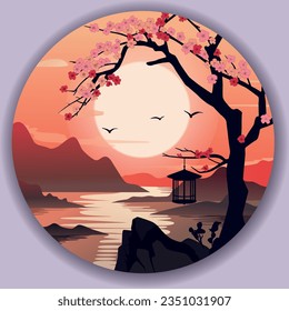 Sakura and Japanese lantern at sunset by the sea
