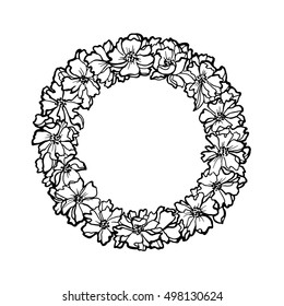 Sakura Japanese, a wreath, a round frame, vector illustration, handmade.