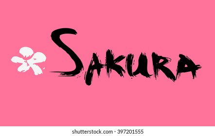 sakura lettering calligraphy on pink ink inscription with flower inskription white word inked