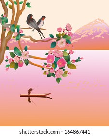 Sakura . A lone boatman, floats on the the lake in the 