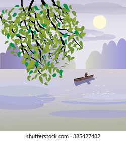Sakura . A lone boatman, floats on the the lake 