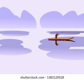 Sakura. Lonely boatman, floats on the lake in the spring.