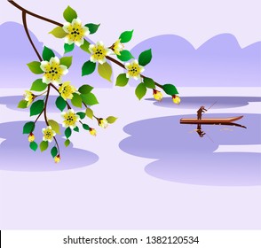 Sakura. Lonely boatman, floats on the lake in the spring.