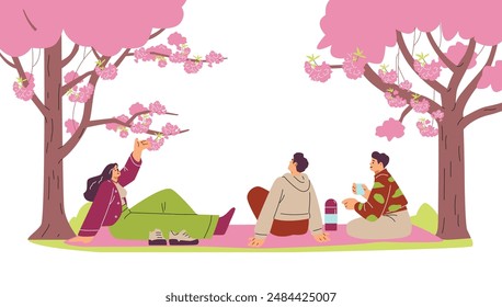 Sakura and magnolia in full bloom, celebrating hanami. A vector illustration of friends enjoying the season, having a picnic under the trees in a Japanese park.