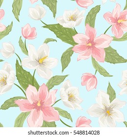 Sakura magnolia hellebore flowers seamless pattern. Christmas winter rose. Helleborus niger. Pink white beige petals, green leaves, light blue background. Detailed floral vector design illustration.