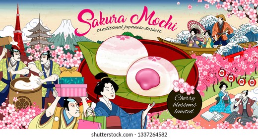 Sakura-Mochi-Werbeanzeigen im ukiyo-e-Stil mit wunderschöner Kirschblüte