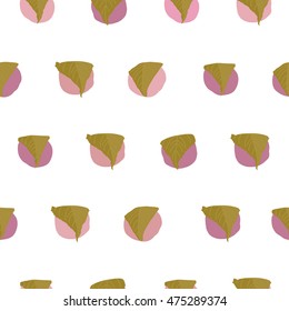 Sakura Mochi background. Seamless pattern. Asian cuisine. Rice ball wrapped in a salty pickled cherry leaf. Endless dessert texture. Traditional japanese sweets.