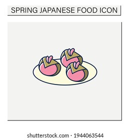 Sakura mochi color icon. Japanese holiday dish. Sweets on plate. Spring Japanese food concept. Isolated vector illustration