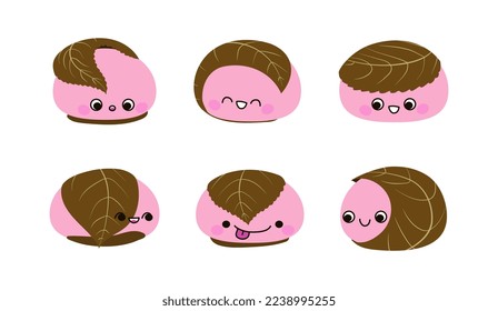 Sakura Mochi cute characters set vector illustration isolated on white background. Kansai style Japanese dessert. Rice balls with different emotions wrapped in cherry leaves