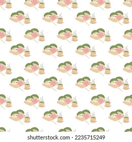 Sakura mochi pattern. Seamless pattern with two cute sakura mochi characters with sakura flower and cup of matcha tea. Doodle cartoon vector illustration. 